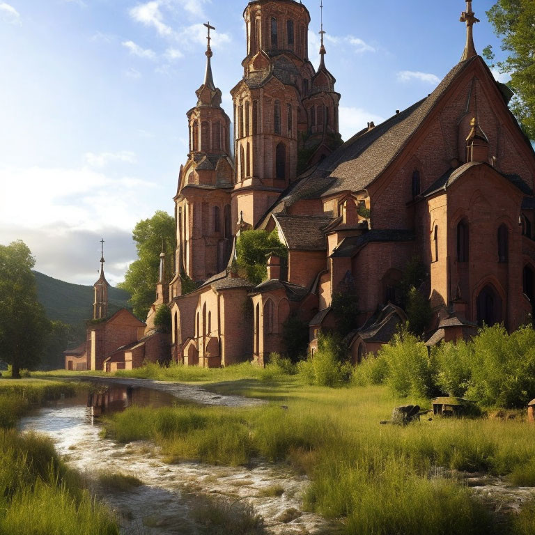 Brick-built church with multiple spires in serene landscape