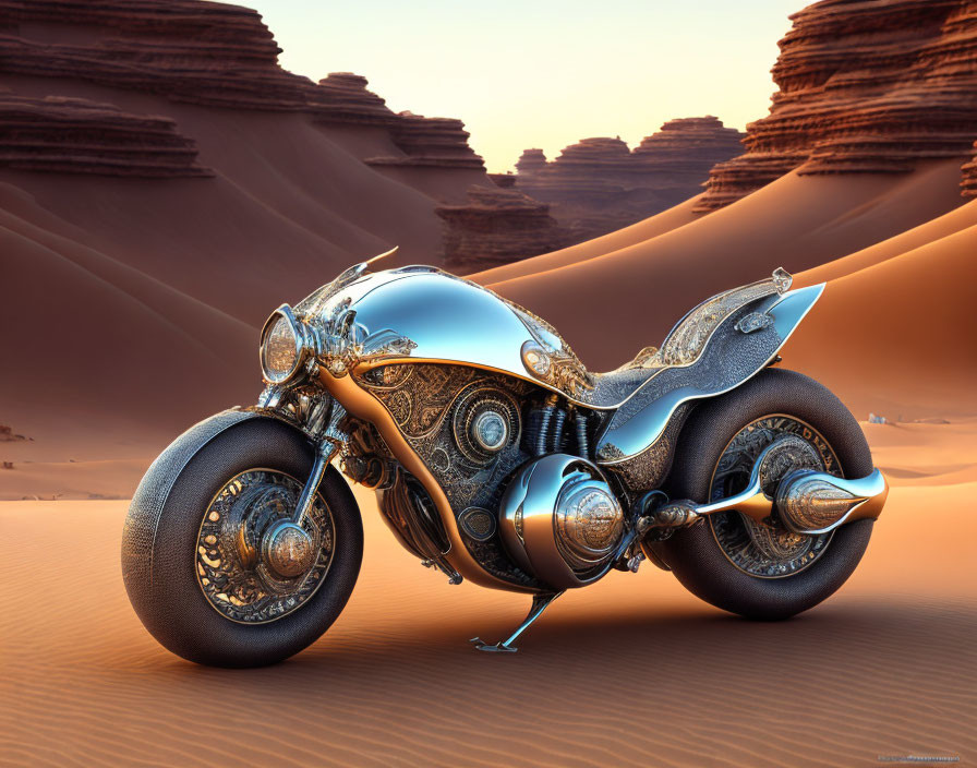 Elaborate futuristic motorcycle in desert landscape