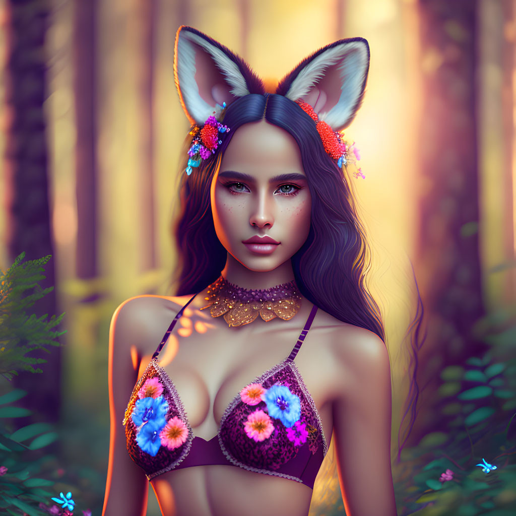 Digital portrait of woman with fox ears and flowers in mystical forest