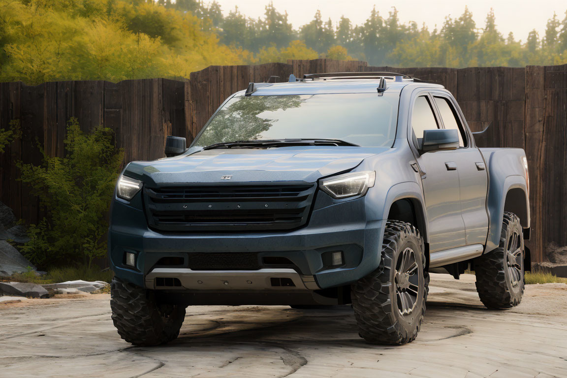 Blue Pick-Up Truck with Off-Road Tires in Rural Setting