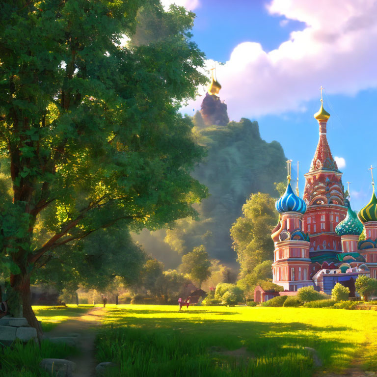 Vibrant Russian cathedral with onion domes in lush green landscape