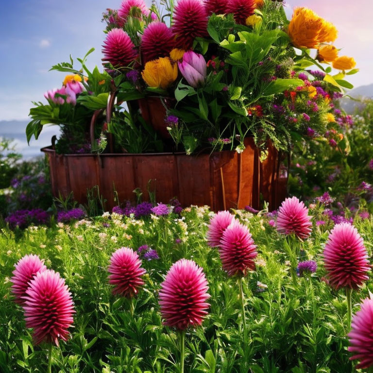Colorful Flowers in Wooden Container Surrounded by Garden and Mountains