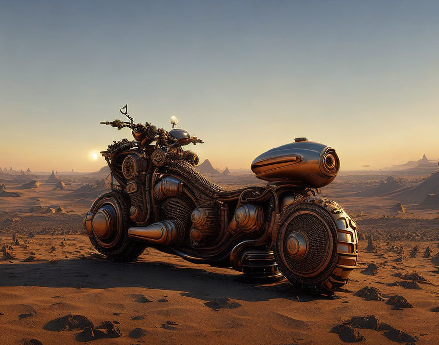 Intricately designed futuristic motorcycle in desert sunset