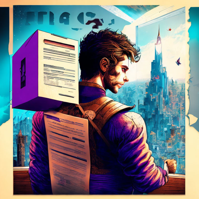 Illustration of man with beard looking at futuristic cityscape with coding elements