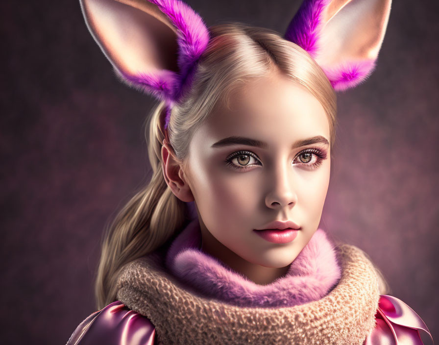 Digital Artwork: Young Woman with Purple-Tipped Fox Ears on Moody Background