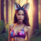 Digital portrait of woman with fox ears and flowers in mystical forest