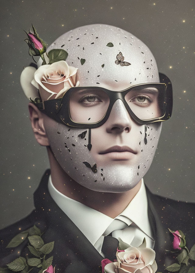 Man with Stone-Like Face and Floral Adornments Against Speckled Background