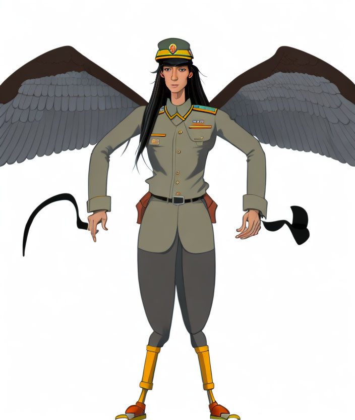 Digitally drawn character with wings in uniform, cap, gray trousers, orange shoes, long hair,