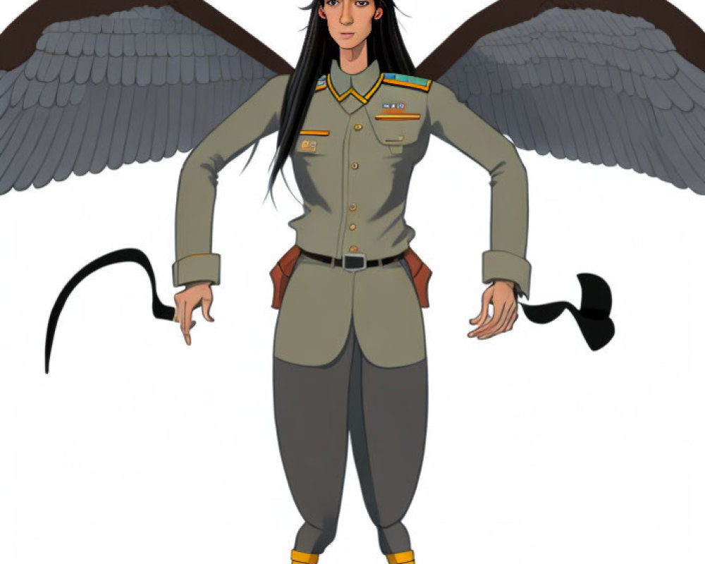 Digitally drawn character with wings in uniform, cap, gray trousers, orange shoes, long hair,