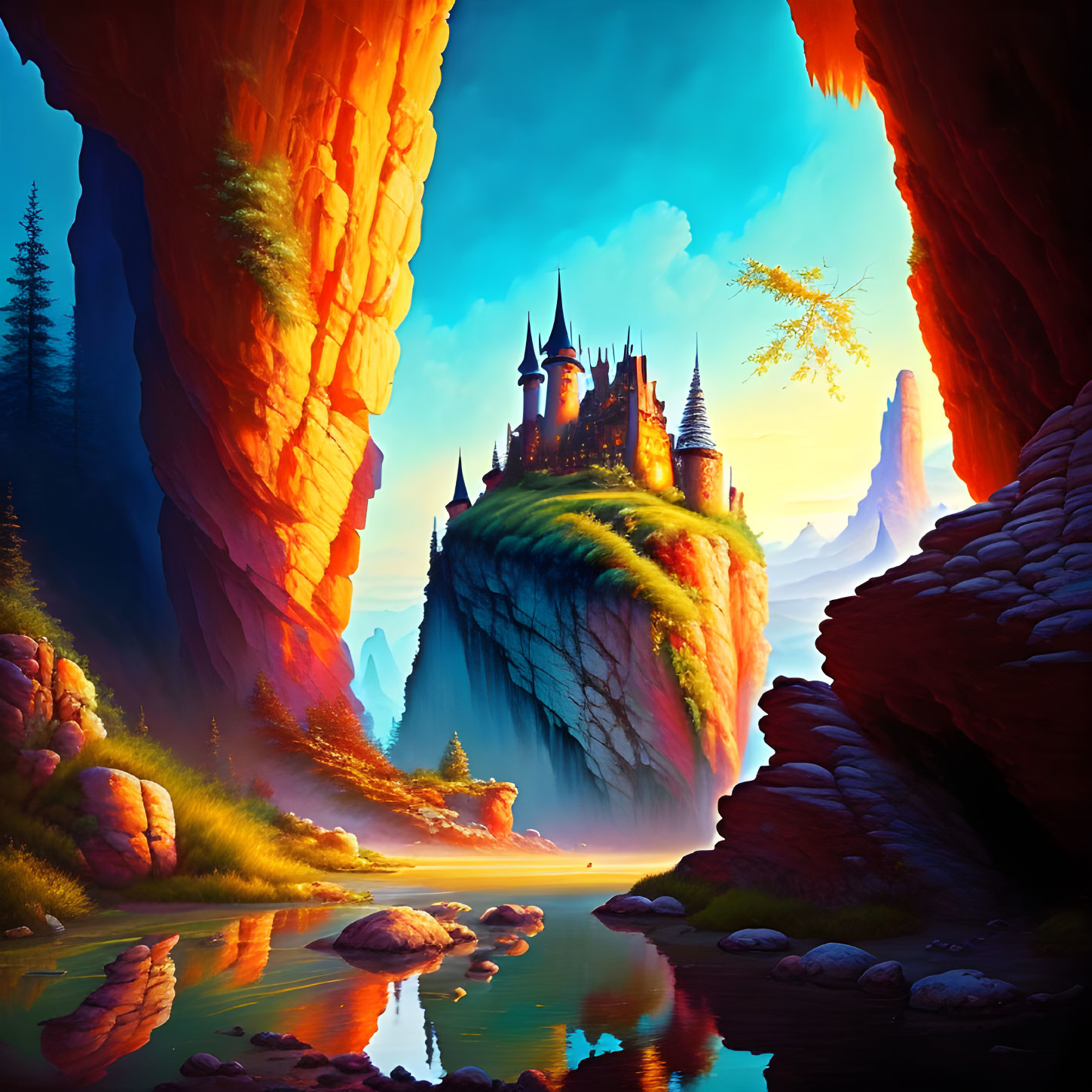 Majestic castle on cliff in vibrant fantasy landscape