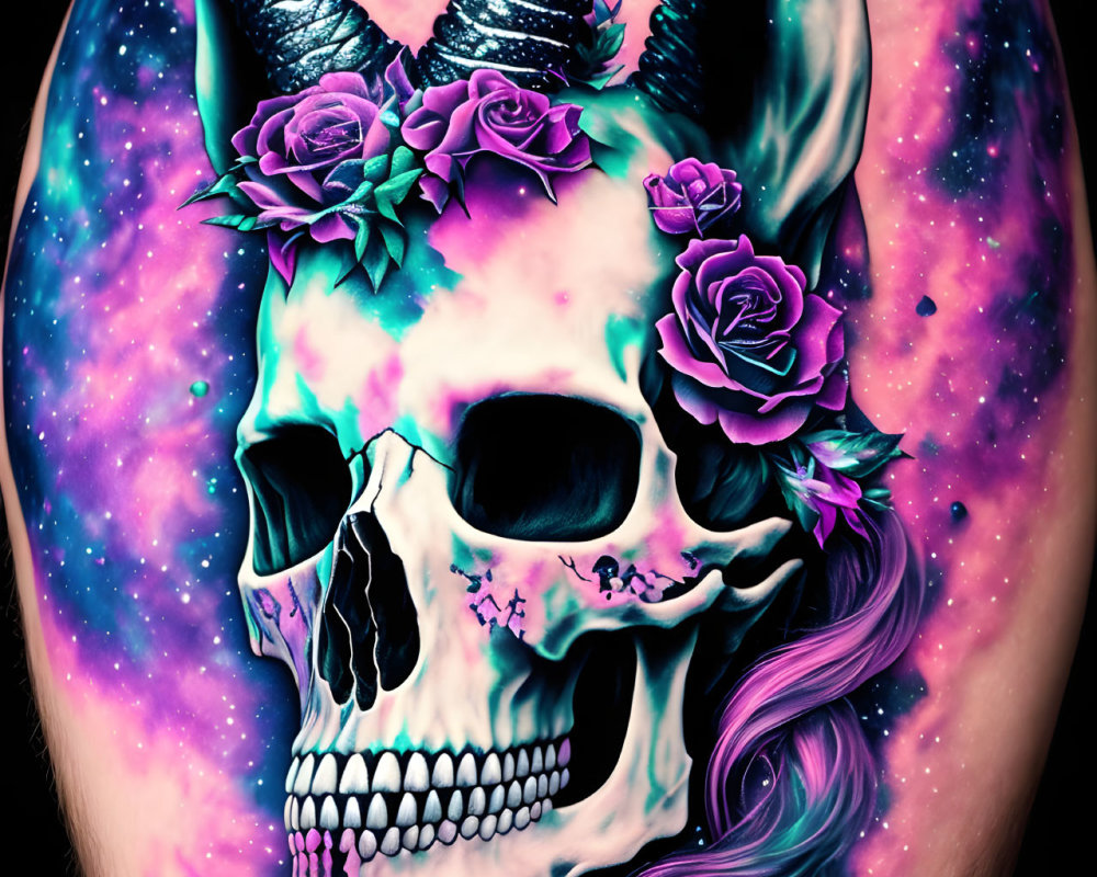 Skull with Horns and Floral Crown Tattoo in Cosmic Setting