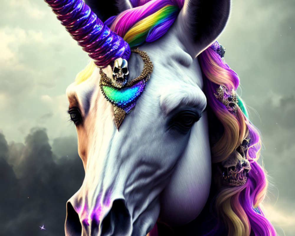Fantasy unicorn with multicolored mane and vibrant horn in moody sky