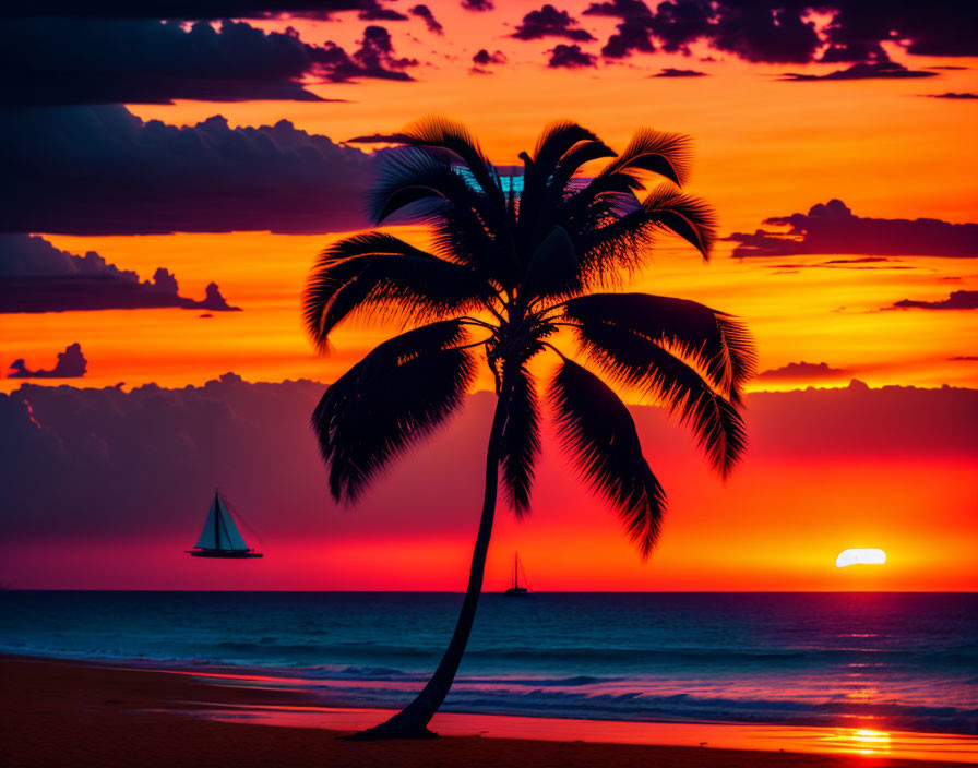 Colorful Ocean Sunset with Palm Tree Silhouette and Sailboats