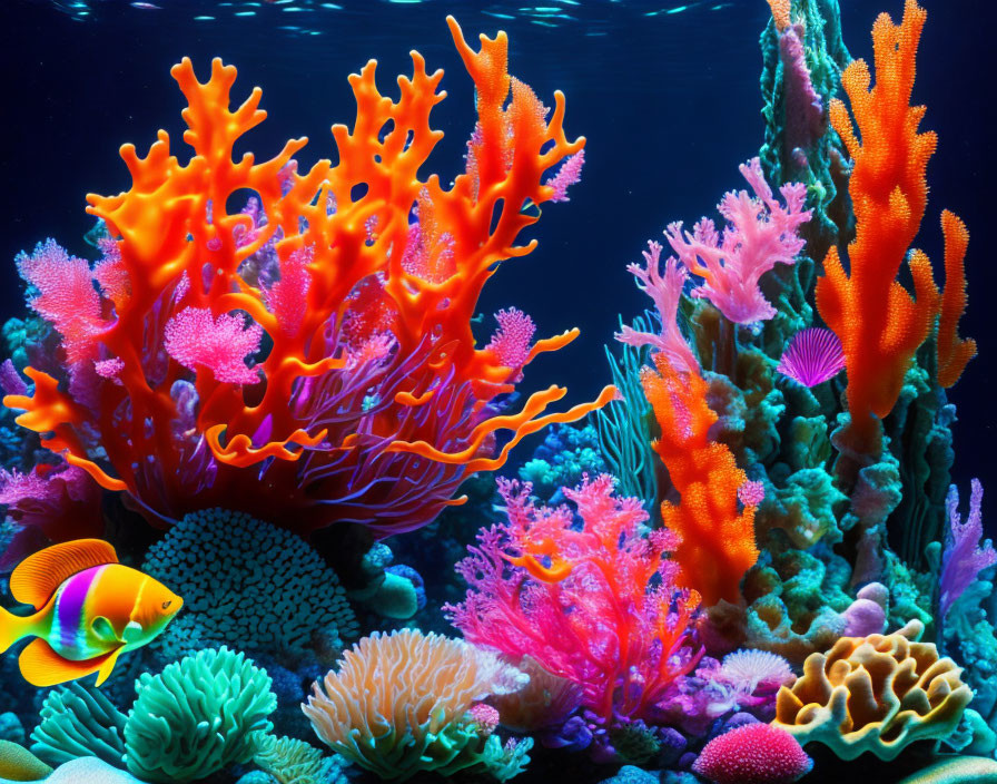 Colorful Corals and Yellow Fish in Deep Blue Ocean