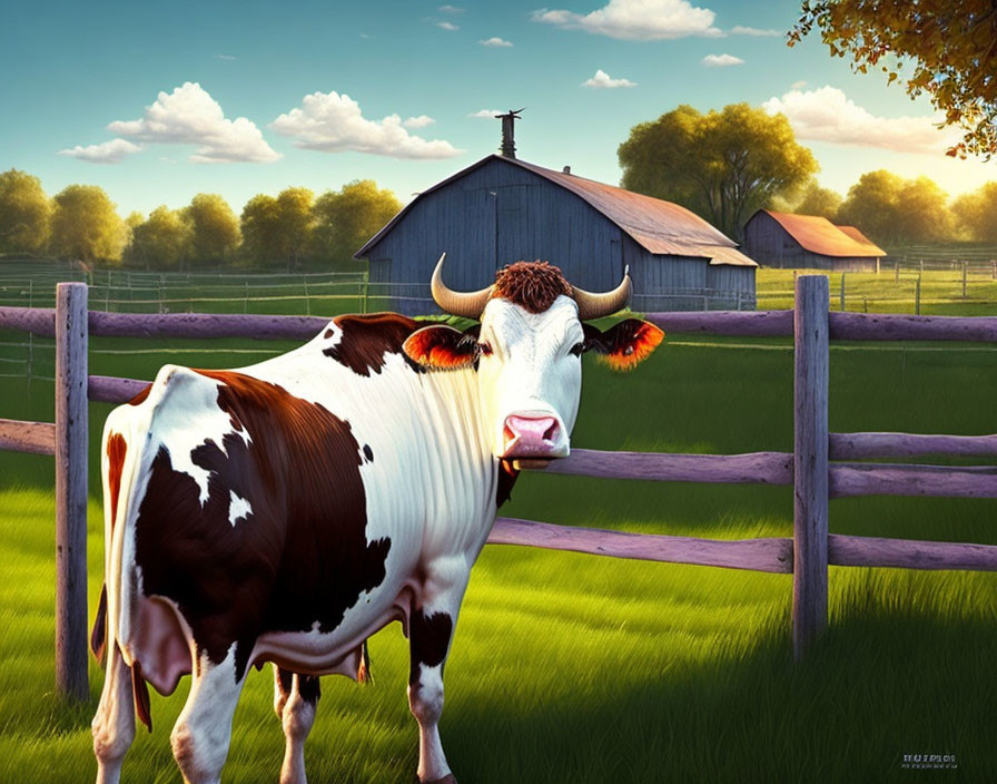 Brown and White Cow in Vibrant Green Pasture with Barn and Wooden Fence