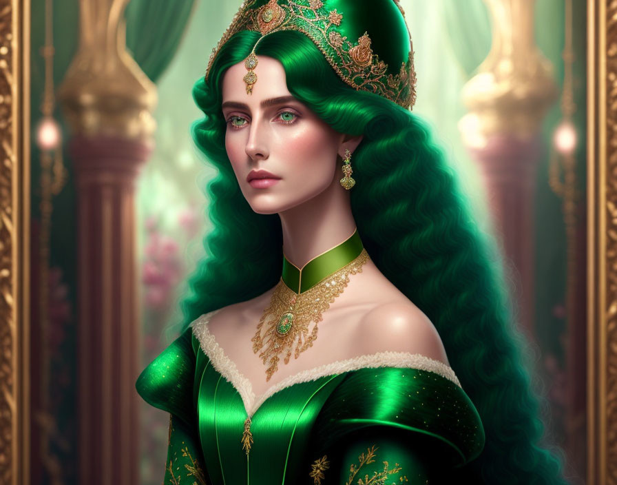 Regal woman with vibrant green hair in ornate dress and headdress framed by opulent curtains.