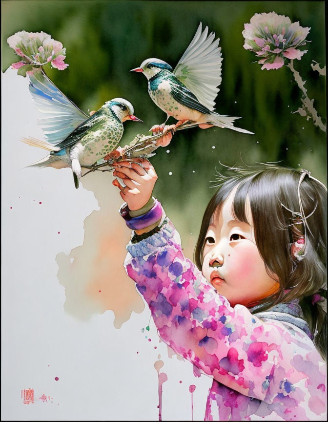 Child in Colorful Outfit with Birds in Hand Against Watercolor Backdrop