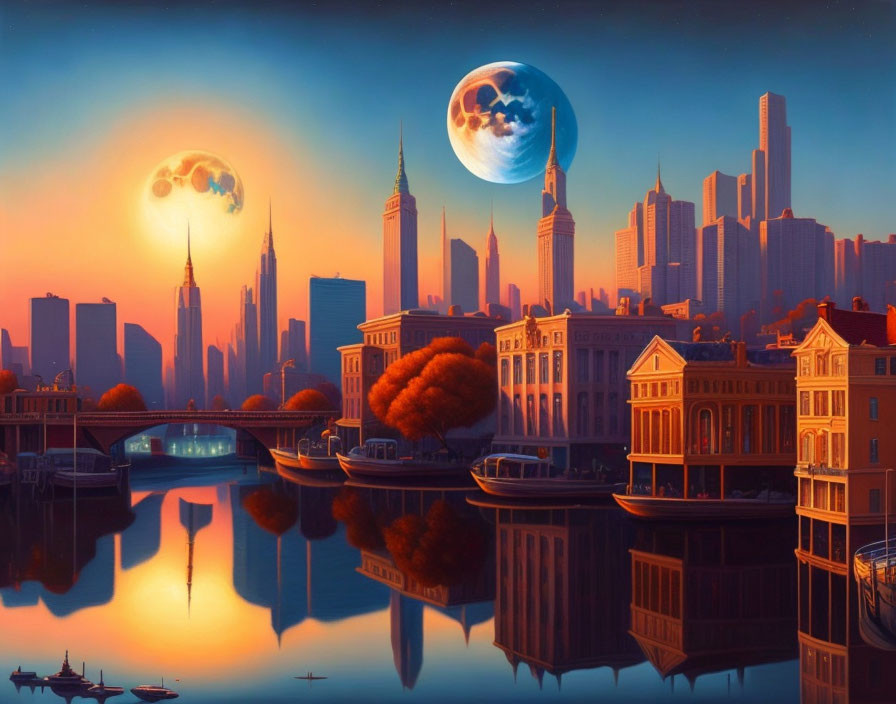 Surreal cityscape at sunset with two moons and silhouettes