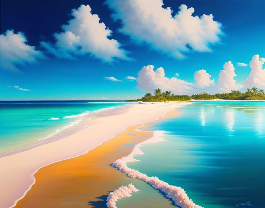 Tranquil beach scene with clear blue water, white surf, sandy shore, palm trees, and