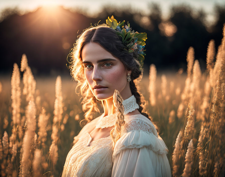 Woman in floral crown in golden field at sunset with vintage dress