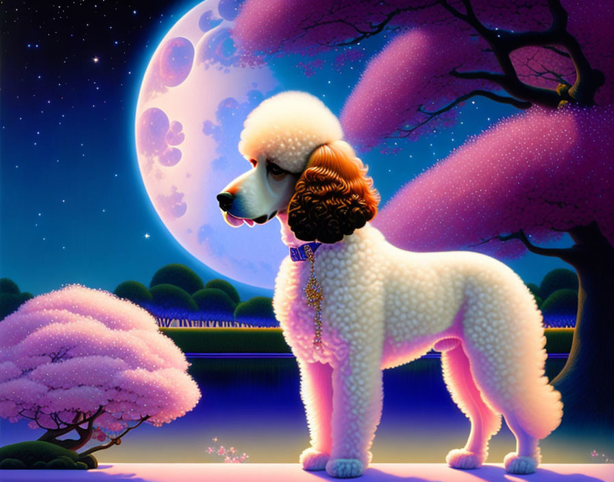 Stylized poodle illustration with lush coat under large moon