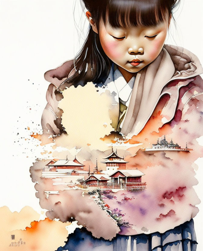 Asian-inspired young girl watercolor illustration with architectural blend and warm tones.