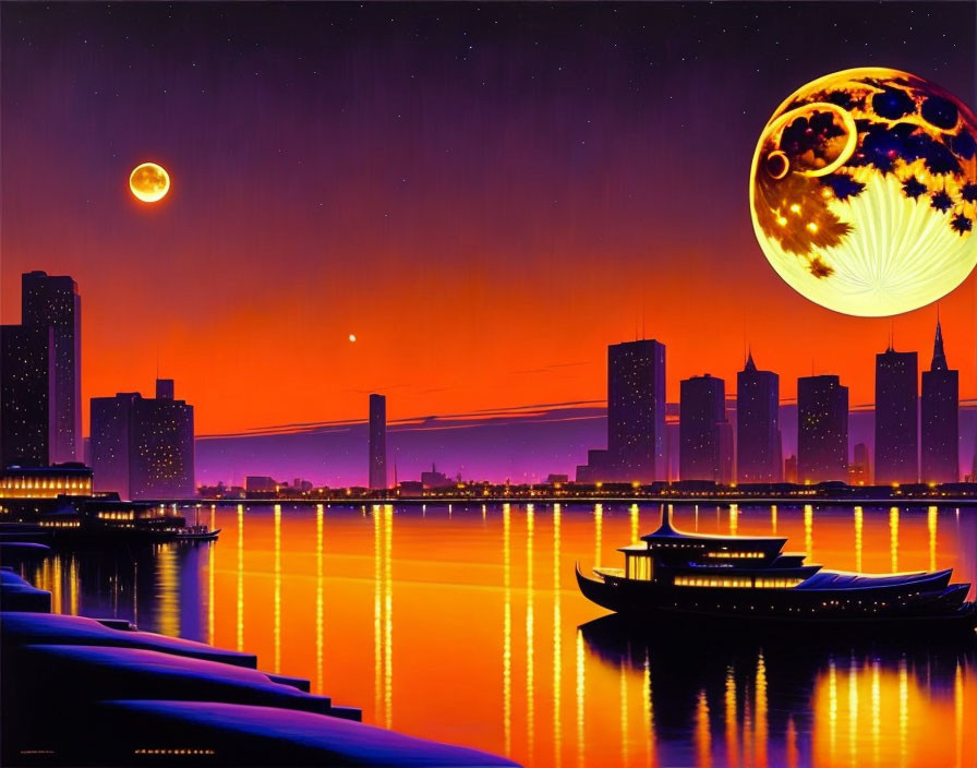 City skyline with fantasy moon and vivid sunset reflected on calm water