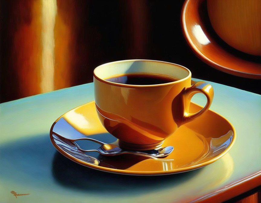 Colorful digital painting of coffee cup on saucer with spoon in golden tones.