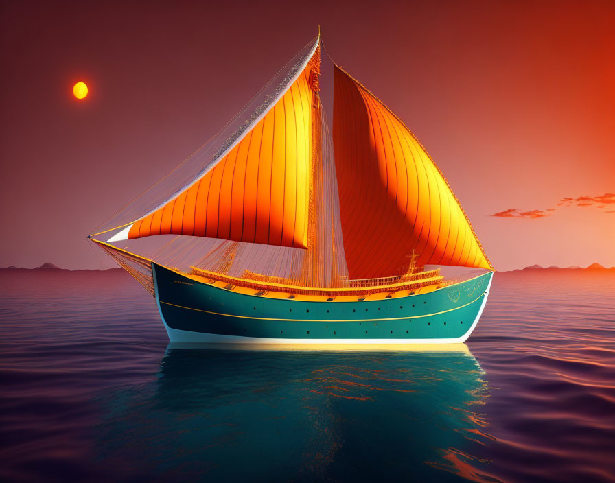 Colorful sailboat on calm waters at sunset with orange sails and reddish sky