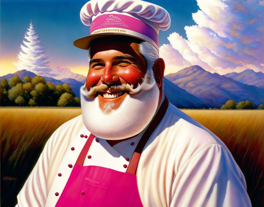 Vibrant chef illustration in scenic sunset landscape