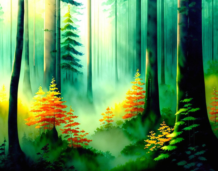 Mystical forest digital painting with sunbeams and misty atmosphere