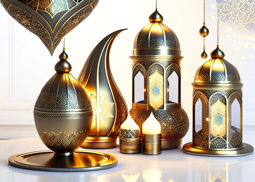 Golden Lanterns and Metallic Vases on Reflective Surface with Ornamental Background