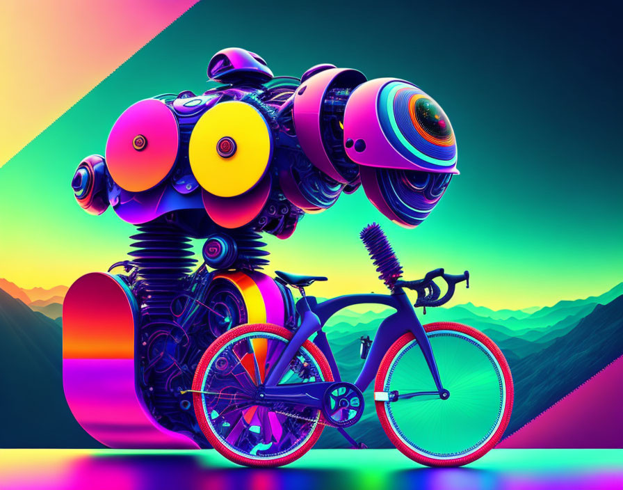 Colorful digital artwork: Robot on bicycle in neon mountain scene