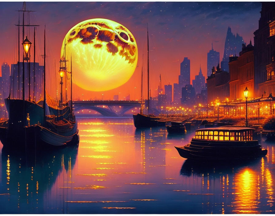 Fantasy cityscape at dusk with oversized moon, illuminated buildings, sailing ships, and calm river.