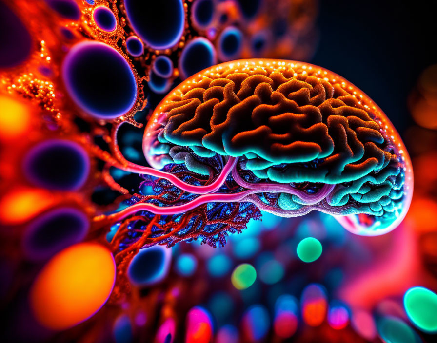 Colorful neon human brain illustration with intricate details and abstract bubble-like structures on dark background