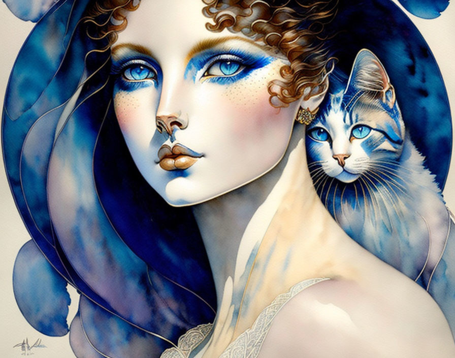 Stylized illustration of woman and cat with blue eyes and intricate patterns