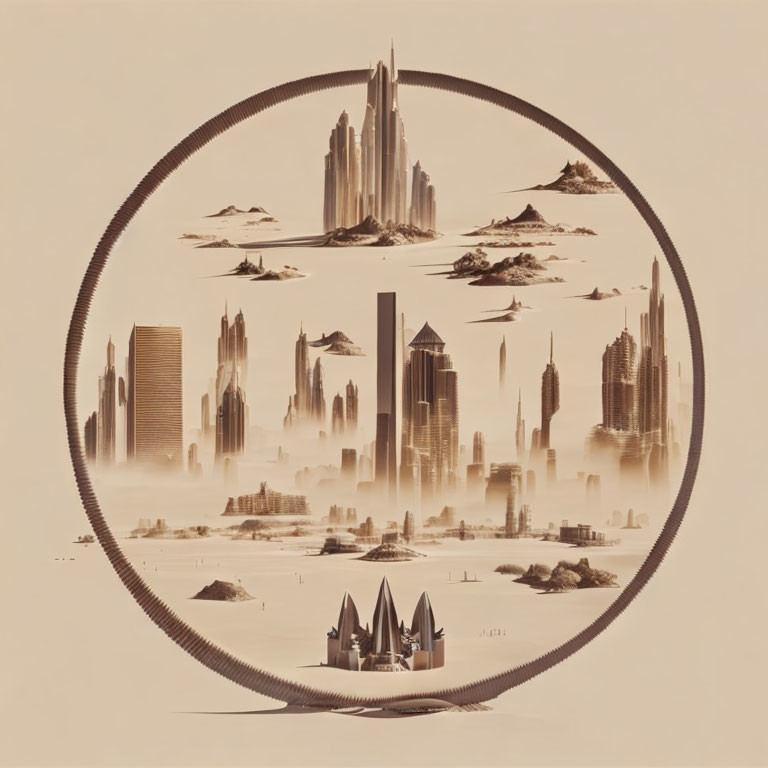 Futuristic cityscape with skyscrapers in desert setting