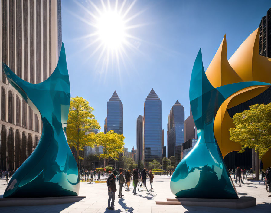 Cityscape with sculptures and skyscrapers under sunny sky