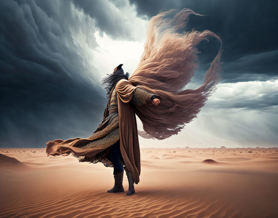 Person in dynamic pose with flowing cloak in desert under stormy sky