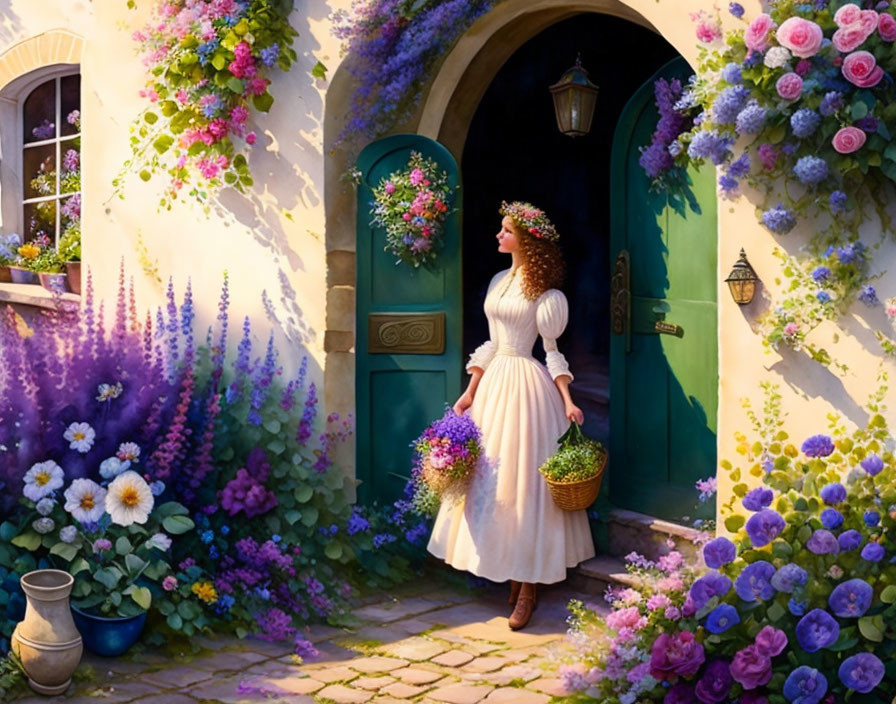 Woman in white dress and floral crown by green door surrounded by vibrant flowers.