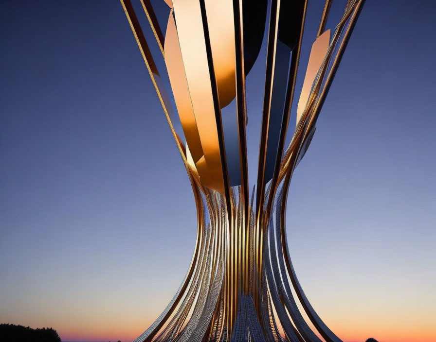 Abstract Metallic Sculpture Reflecting Twilight Sky in Blue and Orange Hues