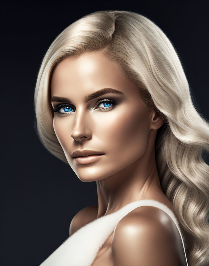 Digitally created image: Woman with blue eyes, blonde hair, makeup on dark background