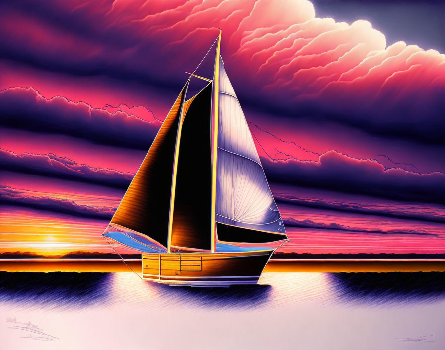 Colorful sailboat illustration on calm waters at sunset