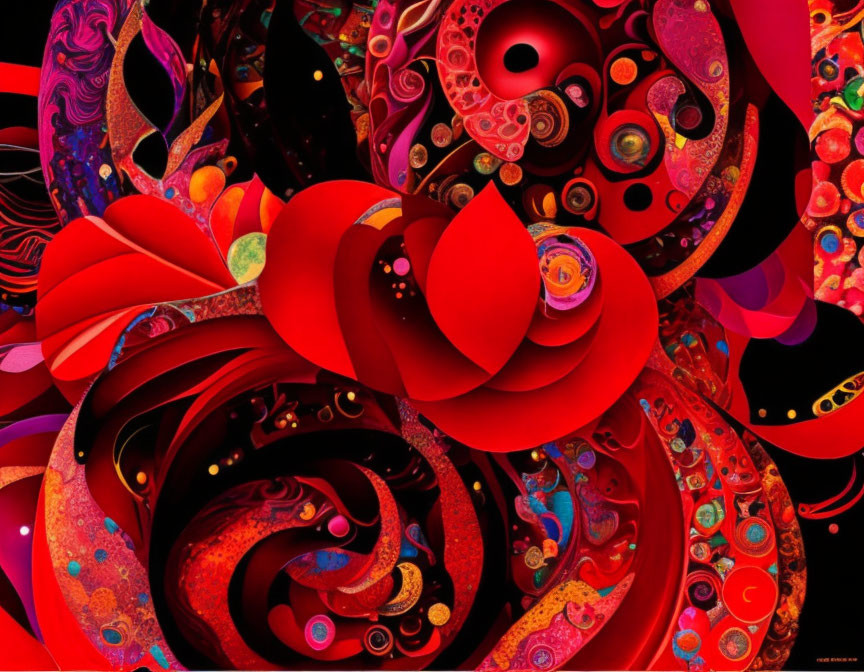 Colorful Abstract Fractal Art with Swirling Red and Pink Patterns