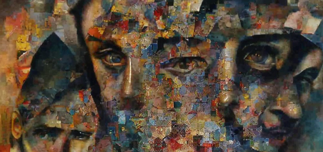 Abstract Collage-Style Portrait with Fragmented Face Elements