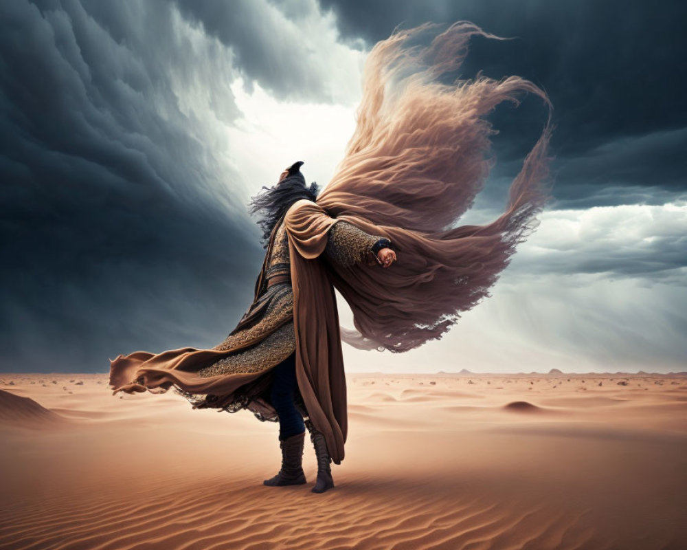 Person in dynamic pose with flowing cloak in desert under stormy sky