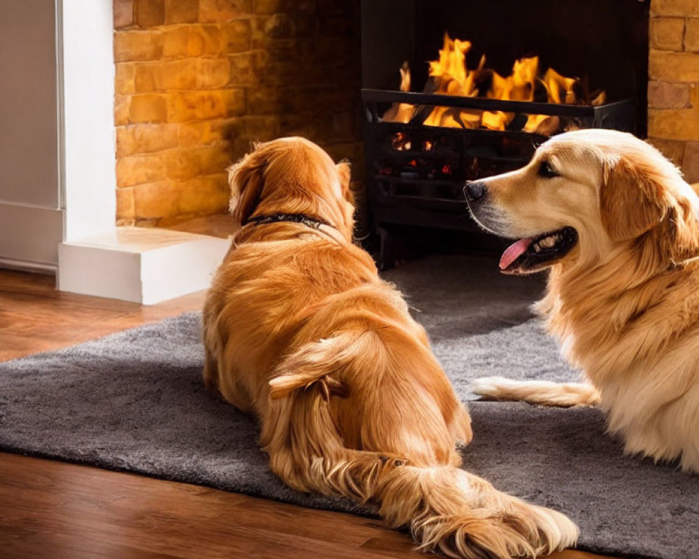 Golden Retriever Relaxing by Lit Fireplace in Cozy Room
