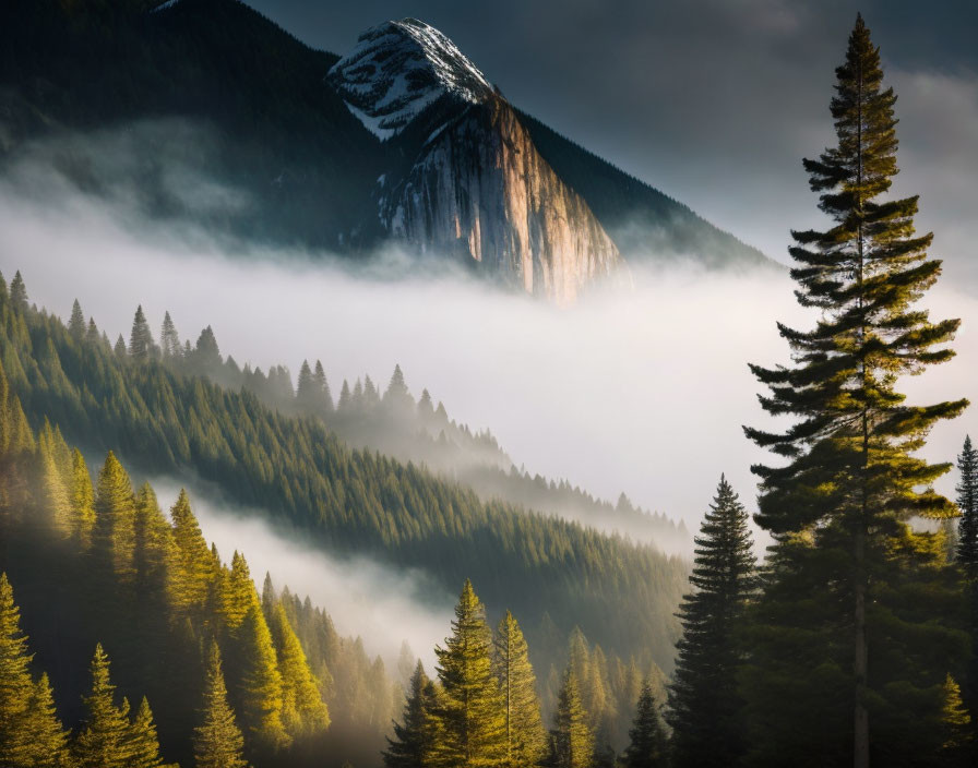 Rocky Peak and Pine Forest in Misty Mountain Sunrise