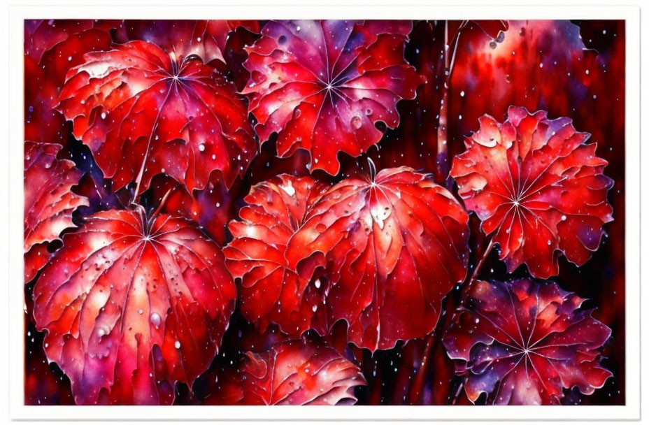 Colorful red and purple leaf with water droplets on dark background