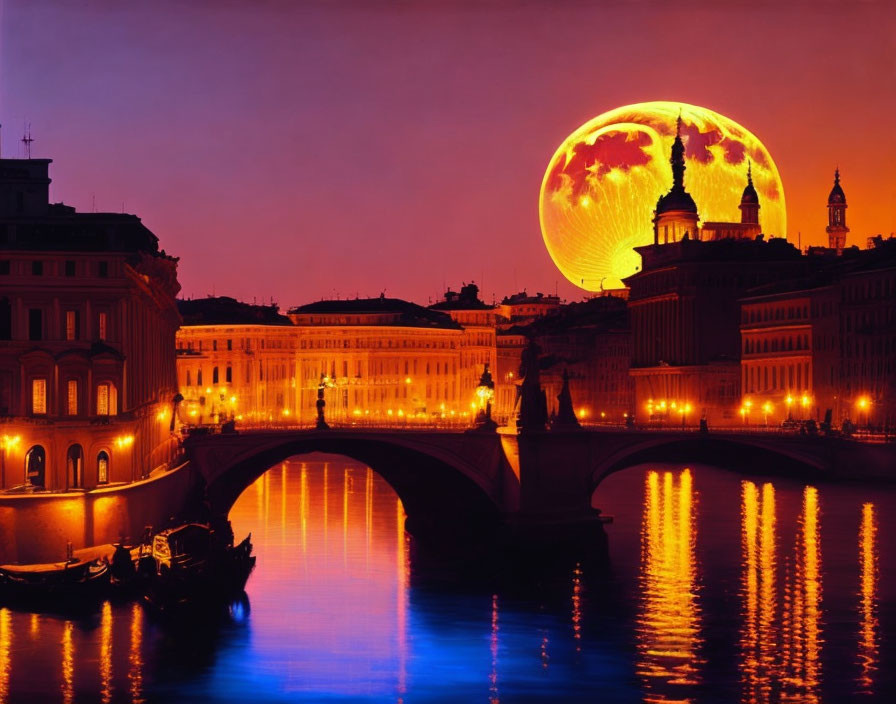 Cityscape with illuminated buildings, bridge, and moonlit water